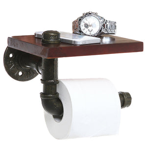 Industrial Style Iron Pipe Toilet Paper Holder Roller With Wood Shelf