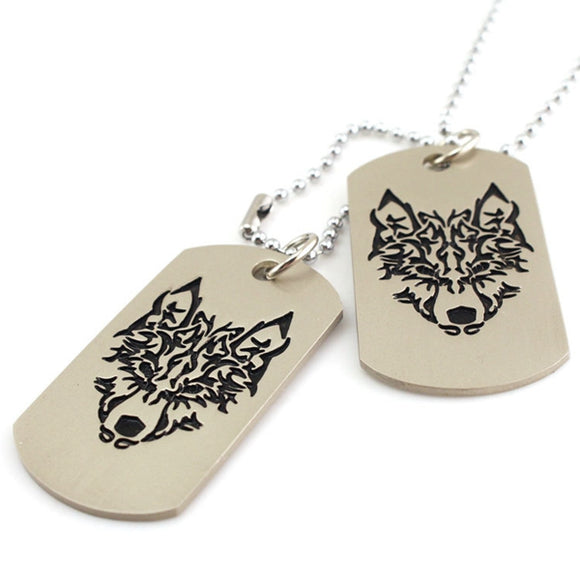 Military Army 2 Dog Tags Wolf Pendant Charm Men Chain Necklace