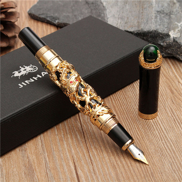 JINHAO Golden Dragon Heavy Fountain Pen Clip Medium Nib 18KGP Business Men Gifts