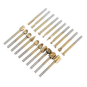 Drillpro 20Pcs Titanium Coated Rotary File Cutters HSS Mini Burr Wood Working Milling Carving Rasp Drill Bits