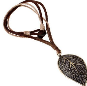 European Genuine Leather Leaf Charm Vintage Retro Punk Men Necklace Chain