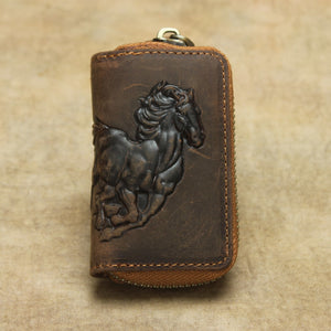 Men Women Genuine Leather Horse Printed Car Key Case Key Bag Keychain Wallet