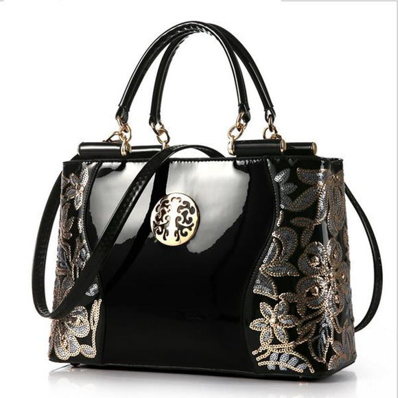 Women Patent Leather Luxury Europe Fashion Embroidery Sequined Chains Handbag