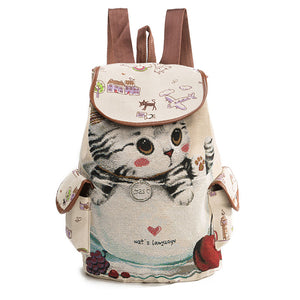 Canvas Casual Cartoon Cat Pattern School Bag Backpack Shoulder Bags Student Bags