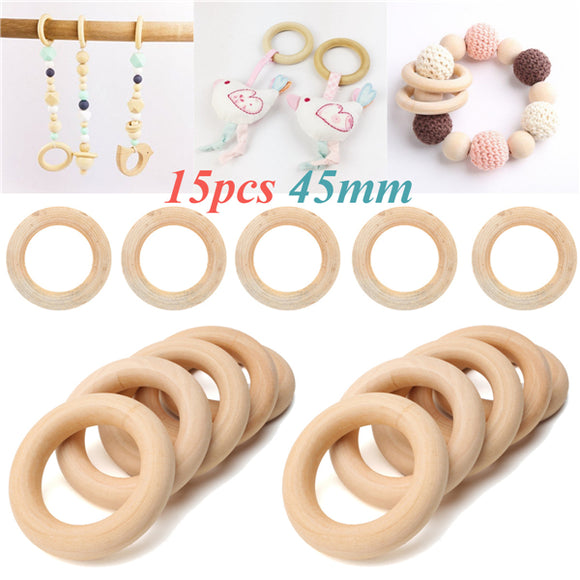 15Pcs 45mm Natural Wooden Round Rings Raw Wood DIY Decoration