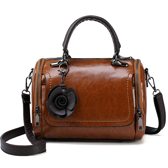 Women Oil Wax Vintage Flower Handbag Crossbody Bag