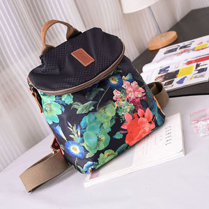 Women Canvas Genuine Leather Print Multi-function Backpack Bucket Crossbody Bag