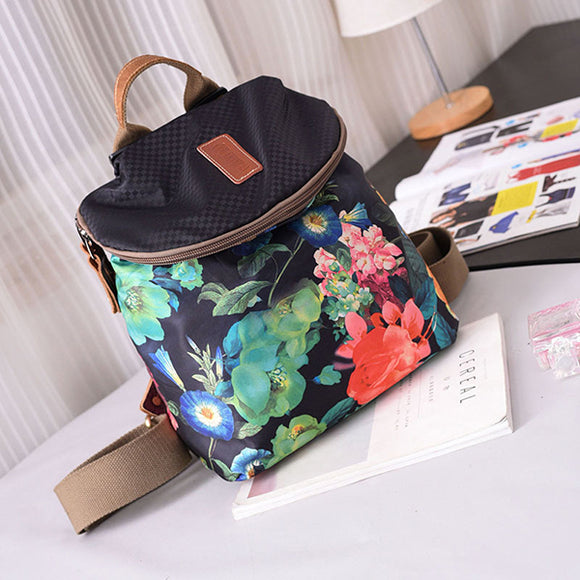 Women Canvas Genuine Leather Print Multi-function Backpack Bucket Crossbody Bag