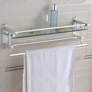 Modern Shower Bathroom Rectangle Glass Shampoo Towel Rail Shelf Wall Mount Holder Organizer