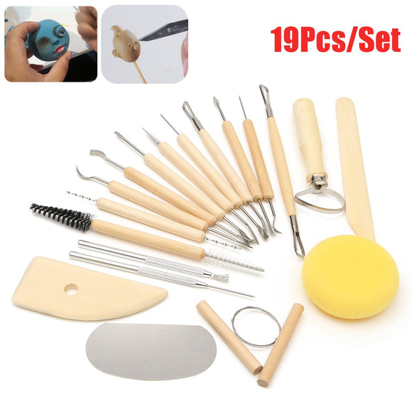 19Pcs Clay Sculpting Sculpt Smoothing Wax Carving Pottery Ceramic Tools Wood Set