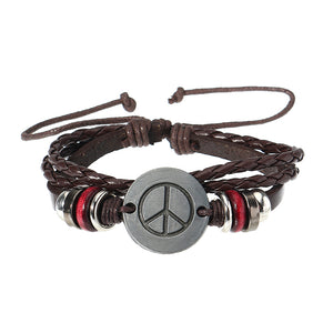 Retro Adjustable Leather Bracelet Peace Symbol Pattern Woven Bracelet for Men Women