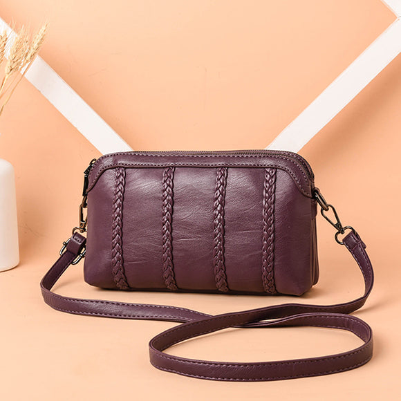 Women Vintage Soft Faux Leather Crossbody Bag Solid Double Layer Shoulder Bag