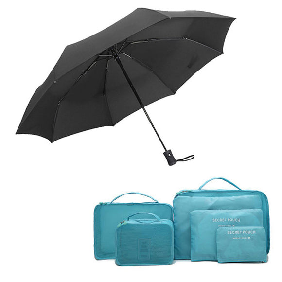 6Pcs Waterproof Travel Storage Bags Luggage Organizer 1Pcs Travel Windproof Auto Open Close Umbrella