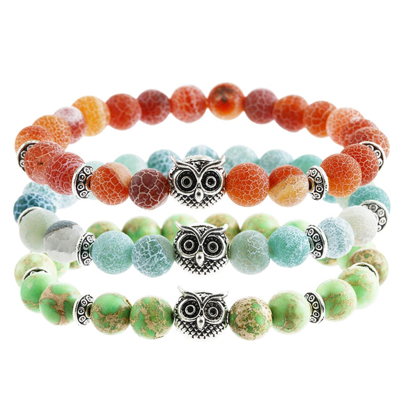 Vintage 8mm Natural Stone Elastic Owl Head Beads Bracelet for Women