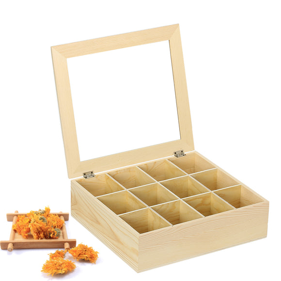 12 Slots Wooden Case Tea Storage Box Organizer Pinewood Container Display Holder