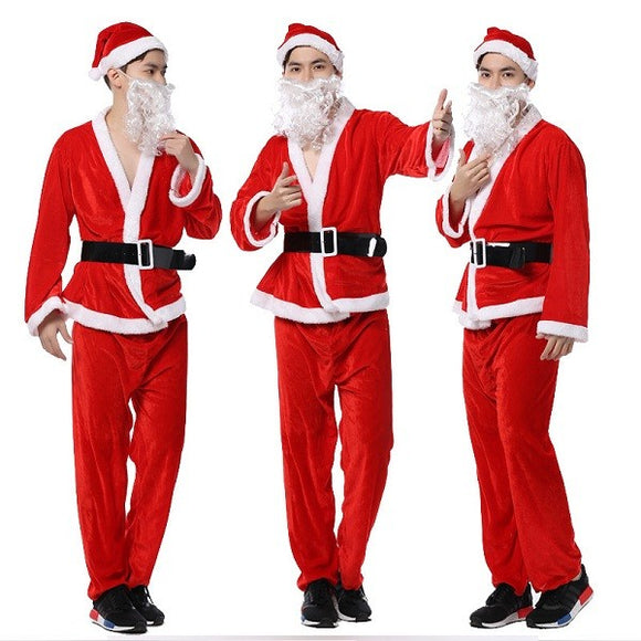 Men's Christmas Performance Clothes Gold velvet Santa Claus Costume Hat Beard Garment Pants Belt