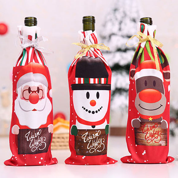 Table Decor Dinner Party Christmas Santa Tree Bottle Cover Bag Sets Bottle