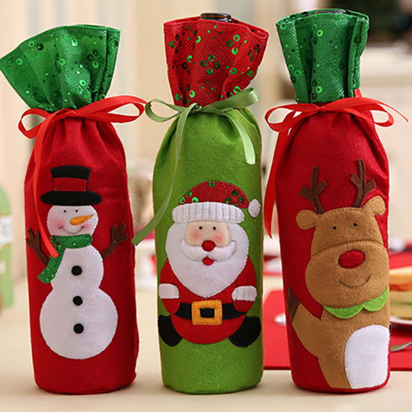 Christmas Bottle Bag Decor Set Santa Claus Snowman Deer Bottle Cover Clothes Kitchen Decoration