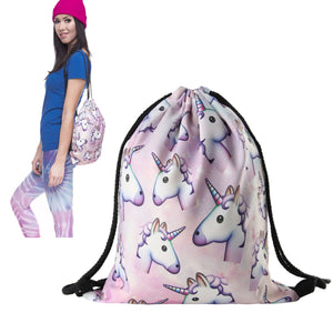 Women Unicorn Printing Drawstring Bag String Travel Gym School Laundry Backpack