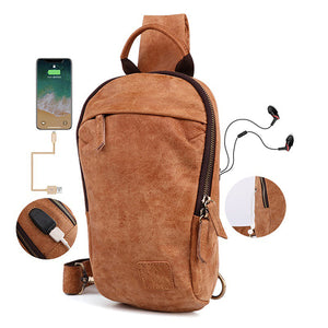 Men Genuine Leather Vintage Chest Bag USB Charging Interface Casual Crossbody Bag