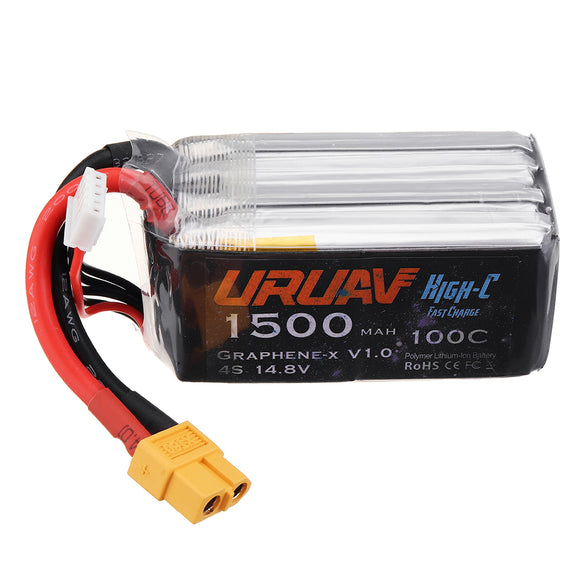 URUAV Graphene-X V1.0 4S 14.8V 1500mAh 100C Fast Charge Lipo Battery XT60 Li Battery for FPV Racing RC Drone