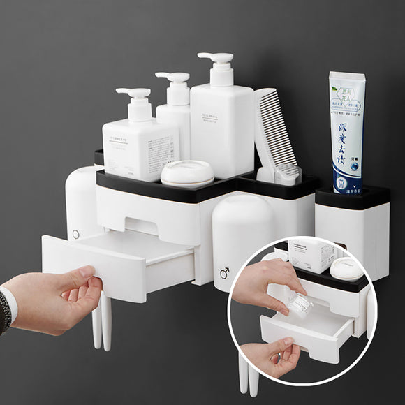 Kitchen Shelf Toothbrush Rack Hole-free Mouthwash Cup Bathroom Wall-mounted 2 Drawers Toothbrush Receptacle Rack + Toothpaste Extruder