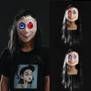 LED Scary Momo Mask Game Horror Mask Cosplay Full Head Momo Mask Big Eye With Long Wigs Halloween Party Props