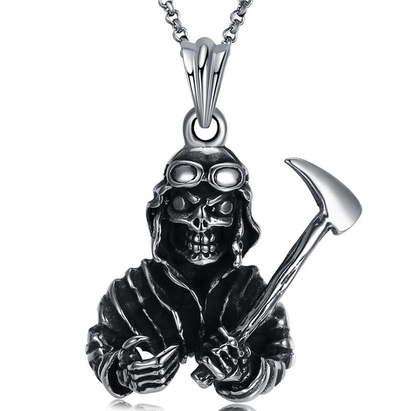 Retro Antique Silver Skull Devil Pendant Titanium Steel Necklace Casual Sweater Chain for Men