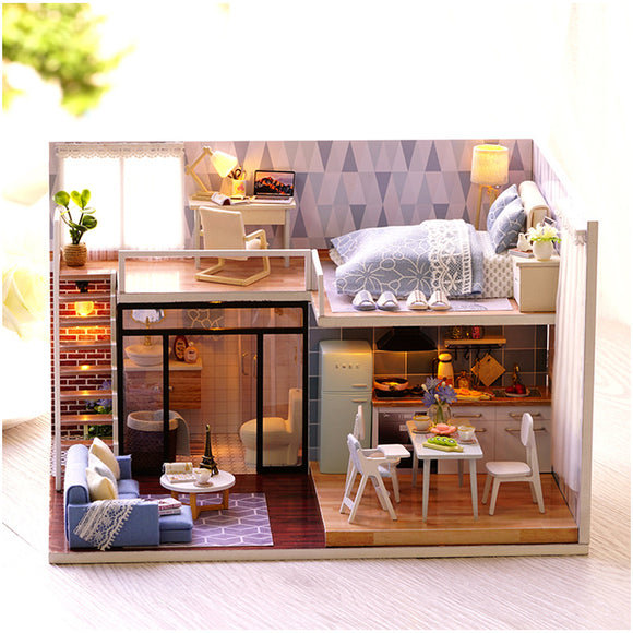 CuteRoom L-023 Blue Time  DIY House With Furniture Music Light Cover Miniature Model Gift Decor