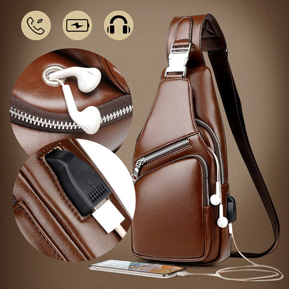 Men PU Leather Fashion Leisure Crossbody Bag Ourdoor Bag With USB Charging Port