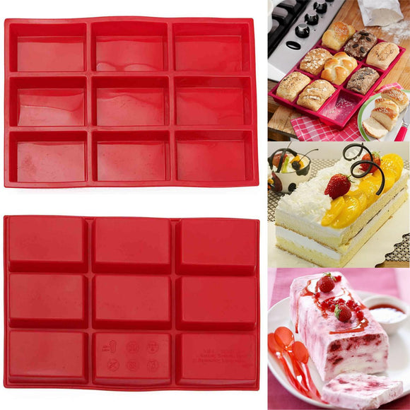 9 Cavity Rectangle Silicone Bread Cupcake Mould DIY Chocolate Soap Bakeware Tray