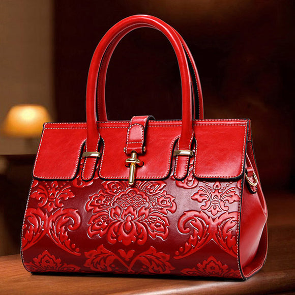 Women Chinoiserie Style National Floral Embossed Shoulder Crossbody Bag