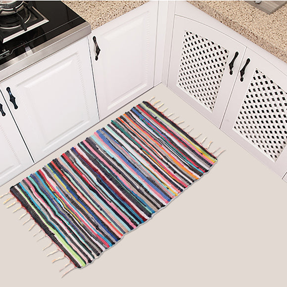 Large Size Handmade Mat Cotton Multicolor Braided Tassel Area Striped Floor Rugs Home Carosets