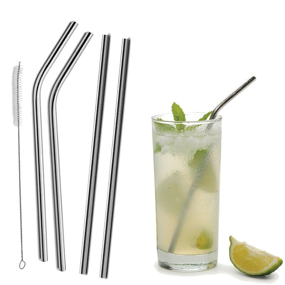 4Pcs Straw Set Reusable Straight Bent Stainless Steel Drinking Straws With Cleaning Cleaner Brush