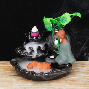 Sand Small Monk Backflow Incense Ceramic Incense Burner Holder w/ 10 Smoke Cones