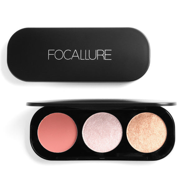 FOCALLURE 3 Colors Blush Highlighter Palette Face Contour Matte Bronzers Highlighters