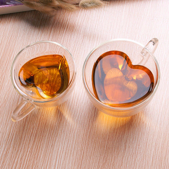 Heart Shape Clear Transparent Double Layer Glass Tea Coffee Cup Mug