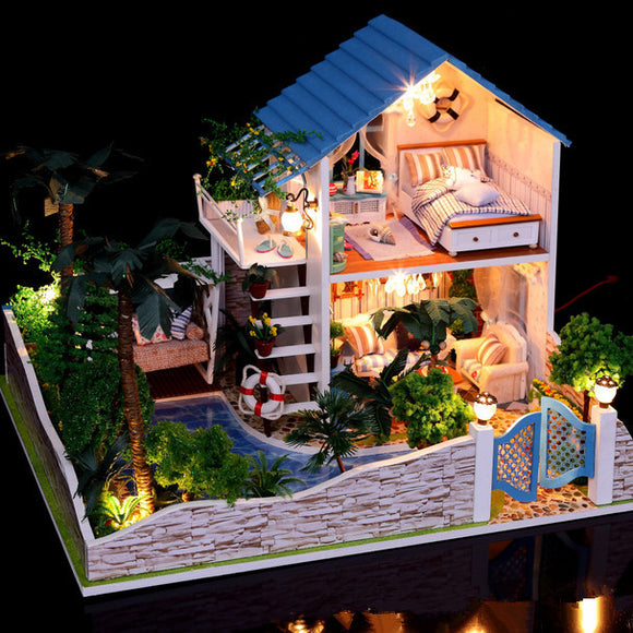 Hoomeda DIY Wood Dollhouse Miniature With LED Furniture Cover Star House