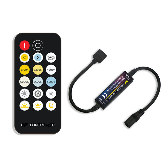 Mini 17Keys RF Remote Control + 6A CCT Color Temperature LED Strip Controller for Indoor Lighting Use DC5-24V