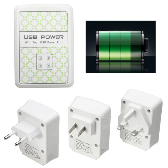 4 Ports UK/EU/US Wall Plug USB Power Adapter Charger for iPhone SAMSUNG