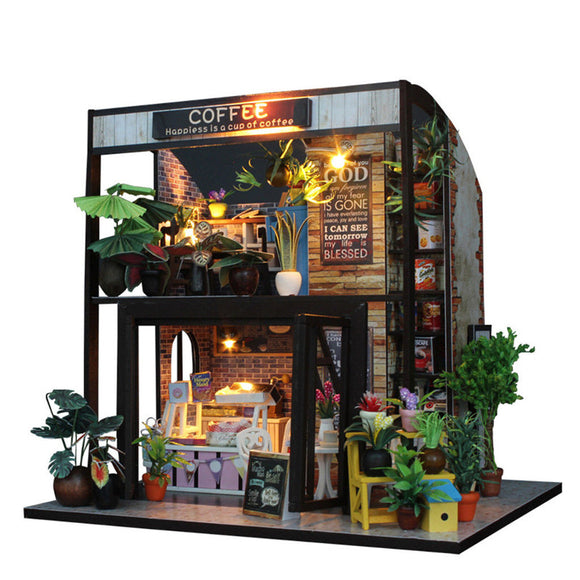 DIY Cottage Dollhouse Coffee Bar Furniture Handmade Craft Doll House With LED Light