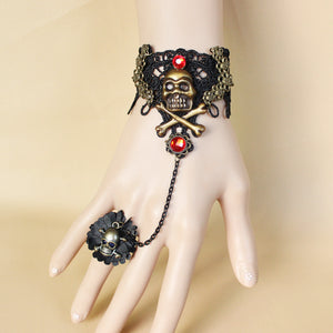 Halloween Gothic Retro Lace Vampire Pirate Skull Slave Bracelet Ring Jewelry Set for Women