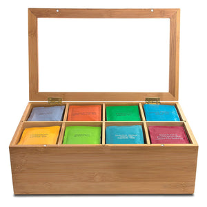 8 Compartments Wooden Tea Box Glass Top Lid Cover Container Teabags Display Storage Gift