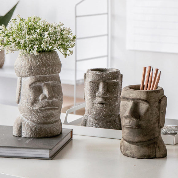 Yuihome Vintage Cement Easter Moai Stone Portrait Organizer Stone Statue Sandstone Flower Pot Pen Holder Desktop Container Decor from Xiaomi Youpin