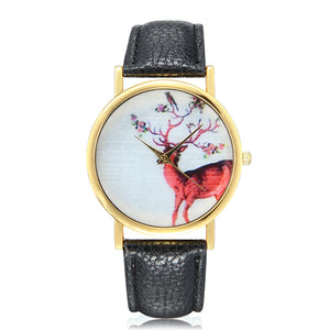 Fashion Deer Pattern Gold Color Case PU Leather Band Analog Quartz Women Wrist Watch