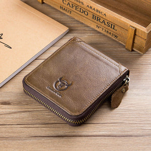 Bullcaptain Men Retro Minimalist Fashion Cowhide 12 Card Slots Short Zipper Wallet