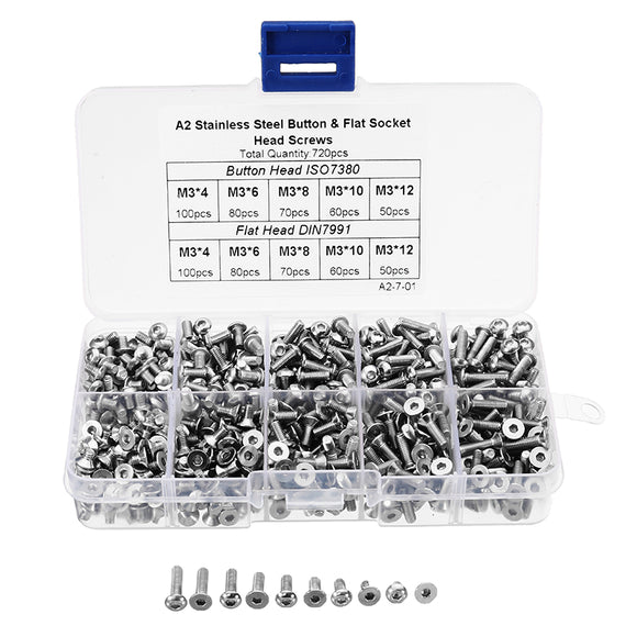 Suleve M3SH8 M3 Stainless Steel Hex Socket Button & Flat Head Screw Bolt Assortment Kit 720Pcs