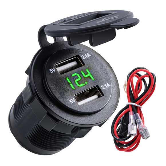 4.2A Waterproof Car 2 Port Dual USB Charger Socket Power Outlet with Voltmeter LED Light for 12-24V Car Boat Marine ATV Motorcycle