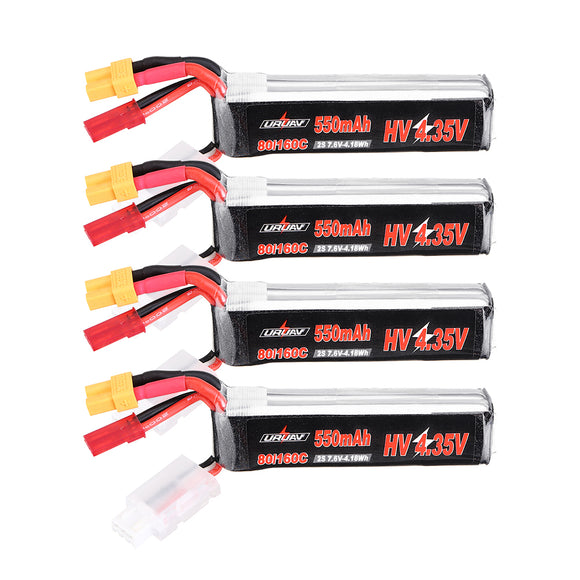 4Pcs URUAV 7.6V 550mAh 80C/160C 2S HV 4.35V Lipo Battery XT30 Plug for FPV Racing Drone