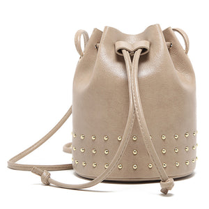 Women Casual Solid String Bag Large Capacity Bucket Bag Rivet Crossbody Bag